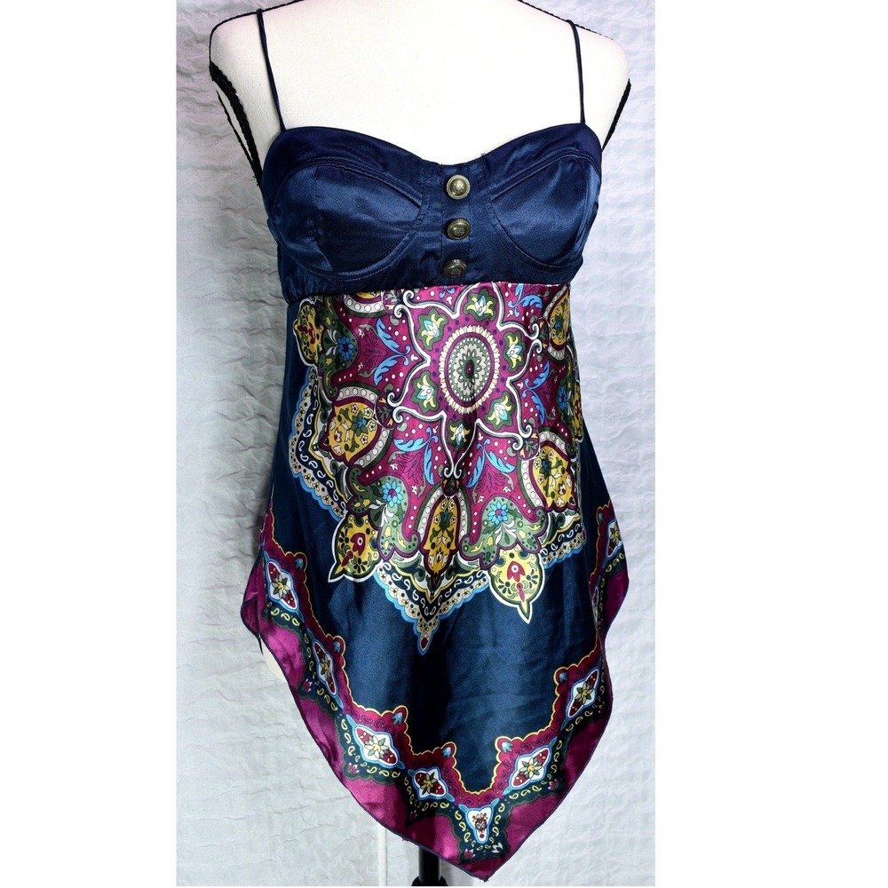 Candies Navy Blue Paisley Satin Handkerchief Hem Bustier Camisole Top Small
